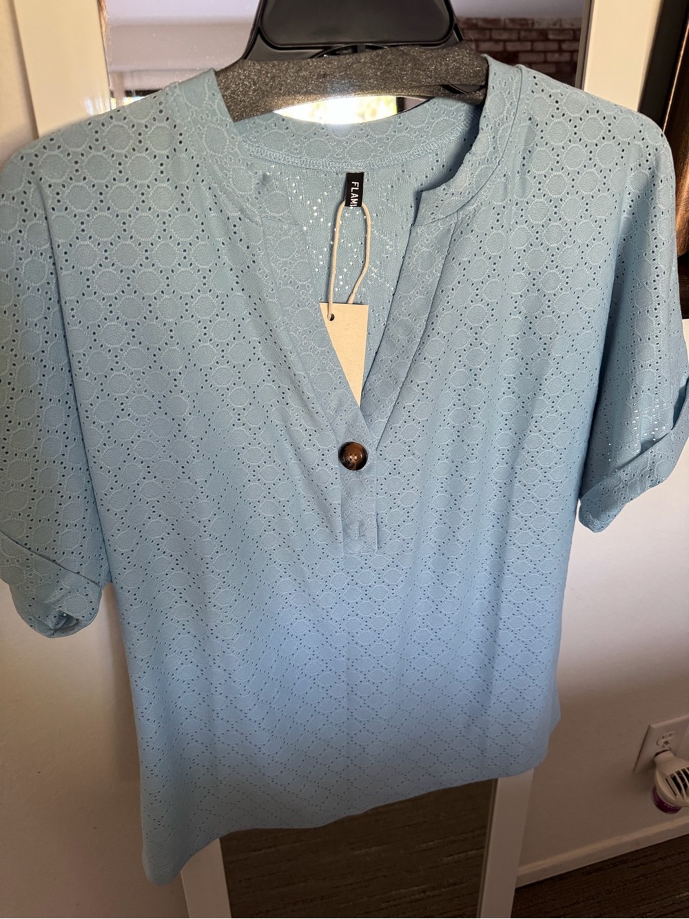 FLAX Light Blue Eyelet Notch-Neck Short Sleeve Blouse
